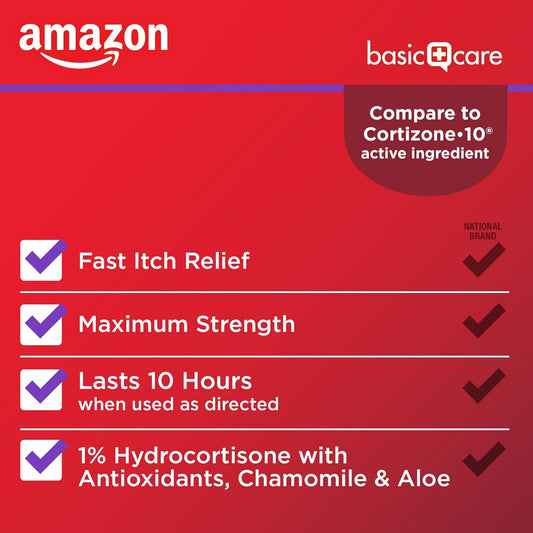 Amazon Basic Care Maximum Strength Anti-Itch Cream, Hydrocortisone 1 Percent Intensive Healing Formula, Itch Relief For Bug Bites, Eczema, Psoriasis, Poison Ivy, Oak and Sumac, 1 ounce (Pack of 1)