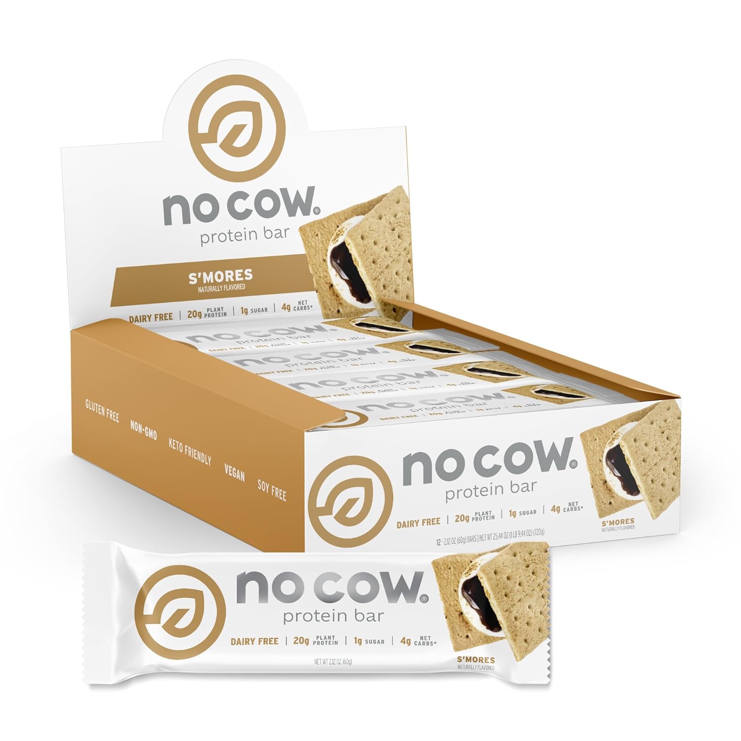 No Cow High Protein Bars, S'Mores - Healthy Snacks, 20G Vegan Protein, High Fiber, Low Sugar, Keto Friendly, Dairy & Gluten Free (12 Count)