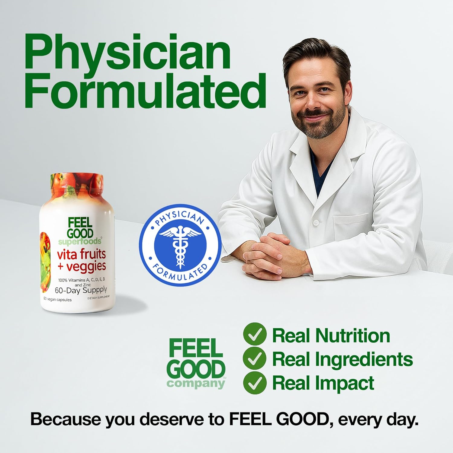 Feelgood Superfoods Vita Fruits And Veggies Capsules - 25 Superfood Ingredients, Fruit And Vegetable Multivitamin, 60 Count - For Men And Women - Vitamins A, C, D, E, B And Zinc : Health & Household