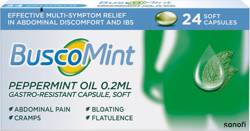 Buscopan Buscomint 0.2 Ml Peppermint Oil Ibs Multi Symptom Treatment, Soft Gel Capsules, 24 Count (Pack Of 1), 100% Natural Active Ingredient, Preservatives Free