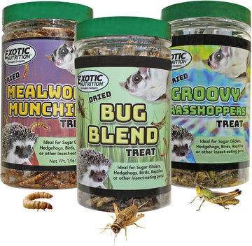 Exotic Nutrition Dried Insect 3 Pack - Crickets, Grasshoppers, Mealworms - For Sugar Gliders, Hedgehogs, Wild Birds, Chickens, Turtles, Tropical Fish, Reptiles