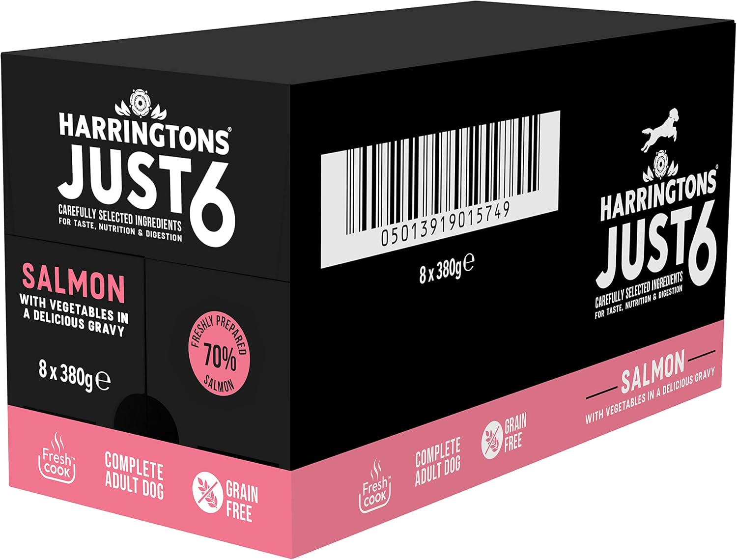 Harringtons Just 6 Complete Grain Free Hypoallergenic Salmon & Veg Wet Adult Dog Food 380g (Pack of 8) - In A Tasty Gravy :Pet Supplies