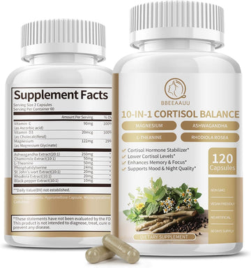 Cortisol Supplements For Women & Men - 10-In-1 Cortisol Reducer Manager Detox With Ashwagandha, Magnesium - Lower High Cortisol Levels, Relaxation & Night Support, Non-Gmo, 120 Capsules