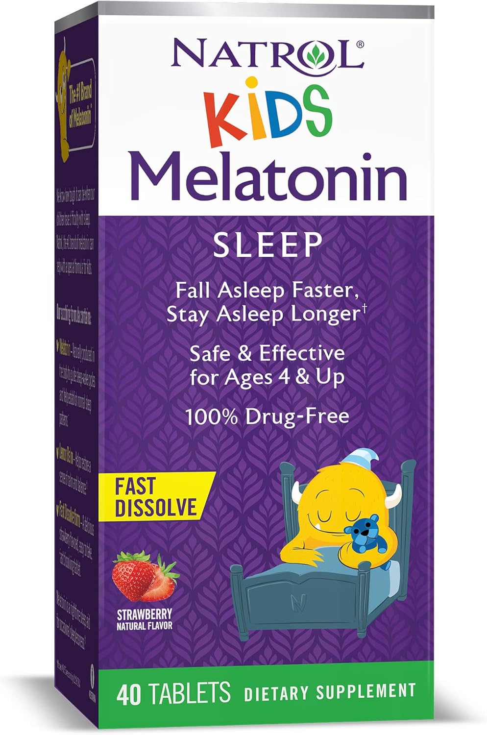 Natrol Kids 1mg Melatonin Fast Dissolve Sleep Aid Tablets, with Lemon Balm, Supplement for Children Ages 4 and up, Drug Free, Dissolves in Mouth, 40 Strawberry avored Tablets (Pack of 12)