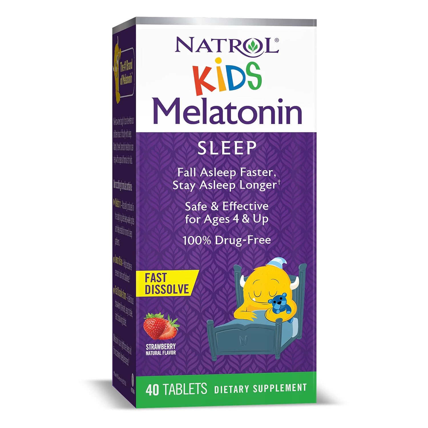 Natrol Kids 1mg Melatonin Fast Dissolve Sleep Aid Tablets, with Lemon Balm, Supplement for Children Ages 4 and up, Drug Free, Dissolves in Mouth, 40 Strawberry avored Tablets