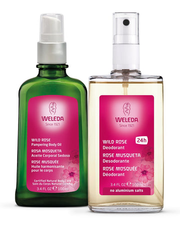 Weleda Wild Rose Body Oil and Deodorant Duo, 3.4 Fluid Ounce (Pack of 2), Plant Rich Skin Pampering Set with Wild Rose Oil