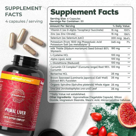 Primal Harvest Primal Liver Liver Supplement With, Alpha-Lipoic Acid, L-Cysteine Hcl, L-Glutathione, Milk Thistle, And Spirulina, For Men And Women, 120 Capsules