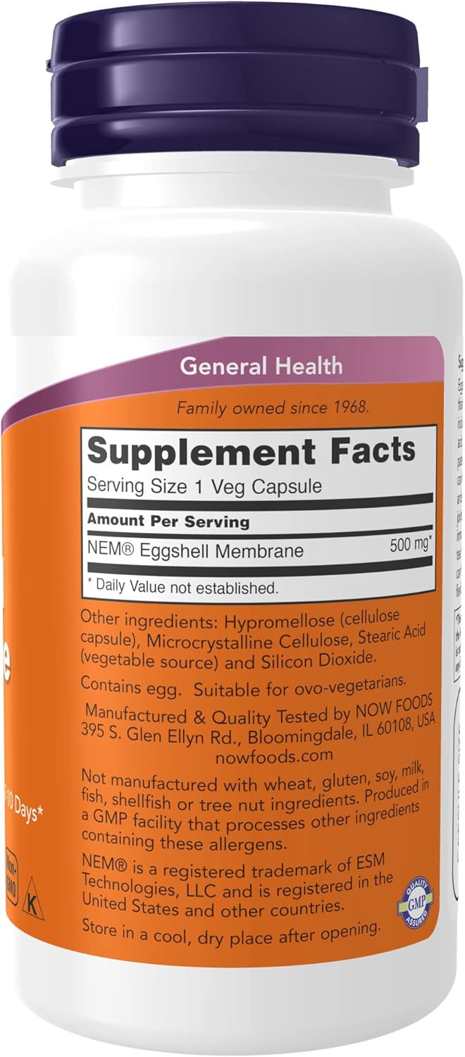 NOW Supplements, Eggshell Membrane (A Unique Biological Matrix Composed of Major Joint Constituents) 500 mg, 60 Veg Capsules