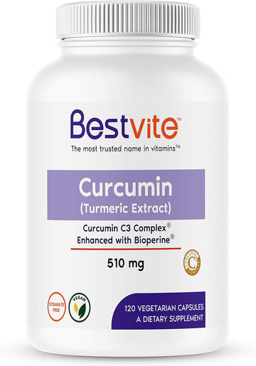 BESTVITE Curcumin 510mg (Turmeric)(120 Vegetarian Capsules) with Curcumin C3 Complex & Bioperine - Standardized to 95% Curcuminoids - No Stearates - Vegan - Non GMO - Gluten Free