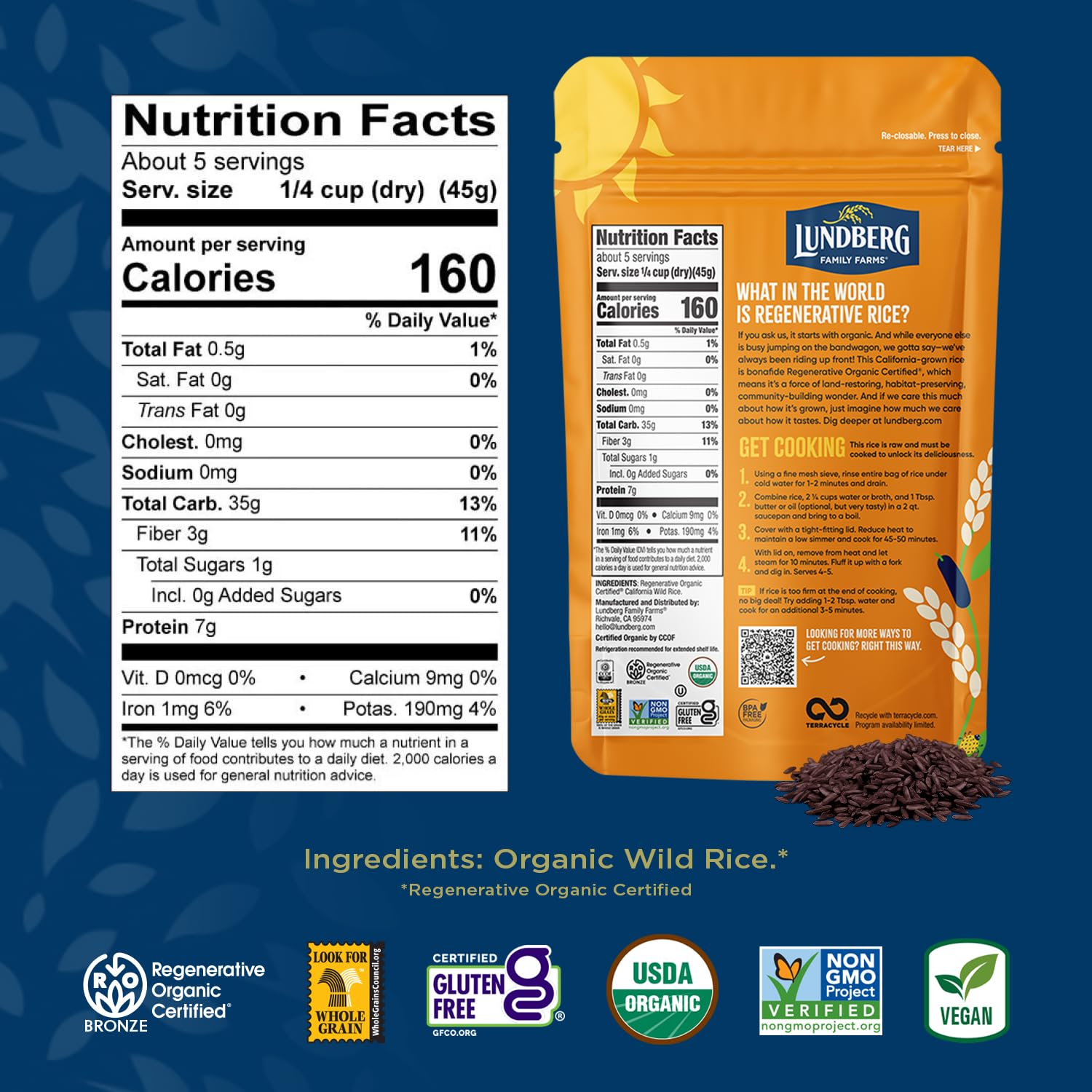 Lundberg Wild Rice, Regenerative Organic Certified, 6-Pack – 100% Natural California Cultivated Wild Black Rice, 8 Oz Ea