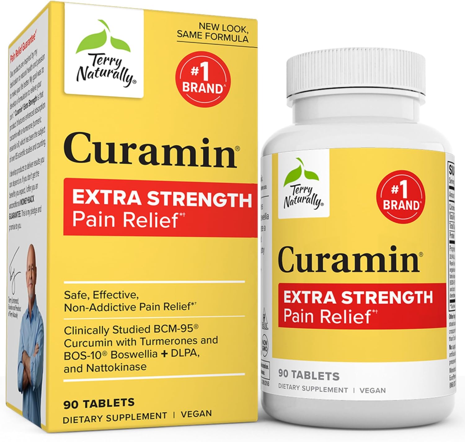 Terry Naturally Curamin Extra Strength - 90 Tablets - Non-Addictive Pain Relief with Curcumin from Turmeric, Boswellia & DLPA - Non-GMO, Vegan, Gluten Free - 30 Servings