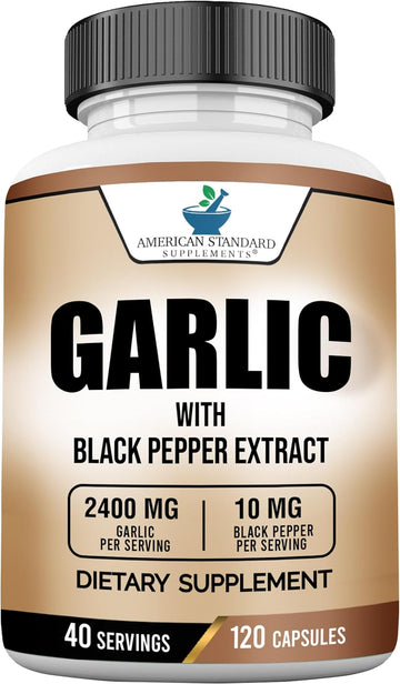 American Standard Supplements Garlic 2400mg Per Serving with Black Pepper Fruit Extract ? Vegan, Gluten Free, Non-GMO, 120 Capsules, 40 Servings