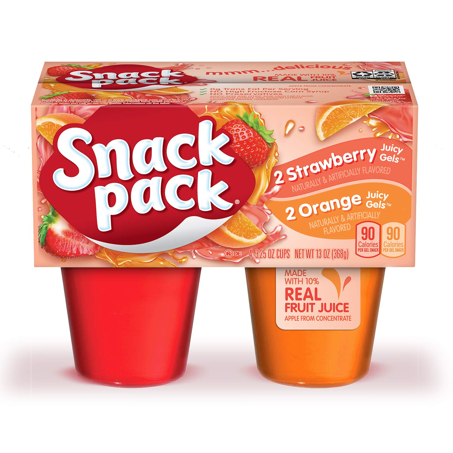 Snack Pack Strawberry And Orange Flavored Juicy Gels, 4 Count Snack Cups