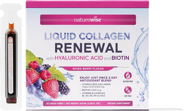 Naturewise Liquid Collagen For Women & Men 4000Mg, Collagen Peptides With Biotin For Hair, Skin And Nails + Vitamin C + Vitamin B Complex - Collagen Type 1 & 3 - Low Sugar - Mixed Berry - 10 Tubes