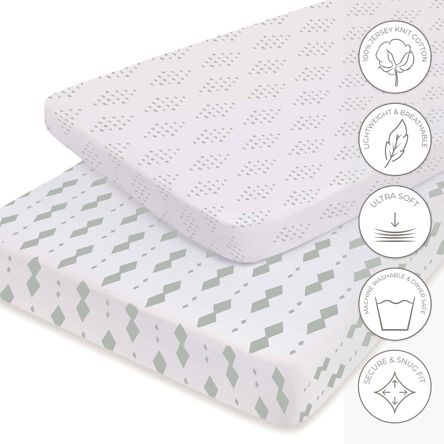 Ely'S & Co. Pack N Play Fitted Playard Sheets - Breathable 100% Jersey Knit Cotton - Unisex Mini Crib Mattress Cover - Grey Sage Diamond - 2 Pack Set