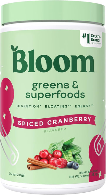 Bloom Nutrition Superfood Greens Powder, Digestive Enzymes With Probiotics And Prebiotics, Gut Health, Bloating Relief For Women, Chlorella, Green Juice Mix With Beet Root, 25 Svg, Spiced Cranberry