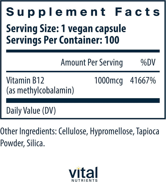 Vital Nutrients Vitamin B12 1000Mcg | Vegan Methylated B12 | Methylcobalamin For Metabolism, Cognitive, & Nervous System Health* | High-Potency B12 Supplement | Gluten, Dairy, Soy Free | 100 Capsules