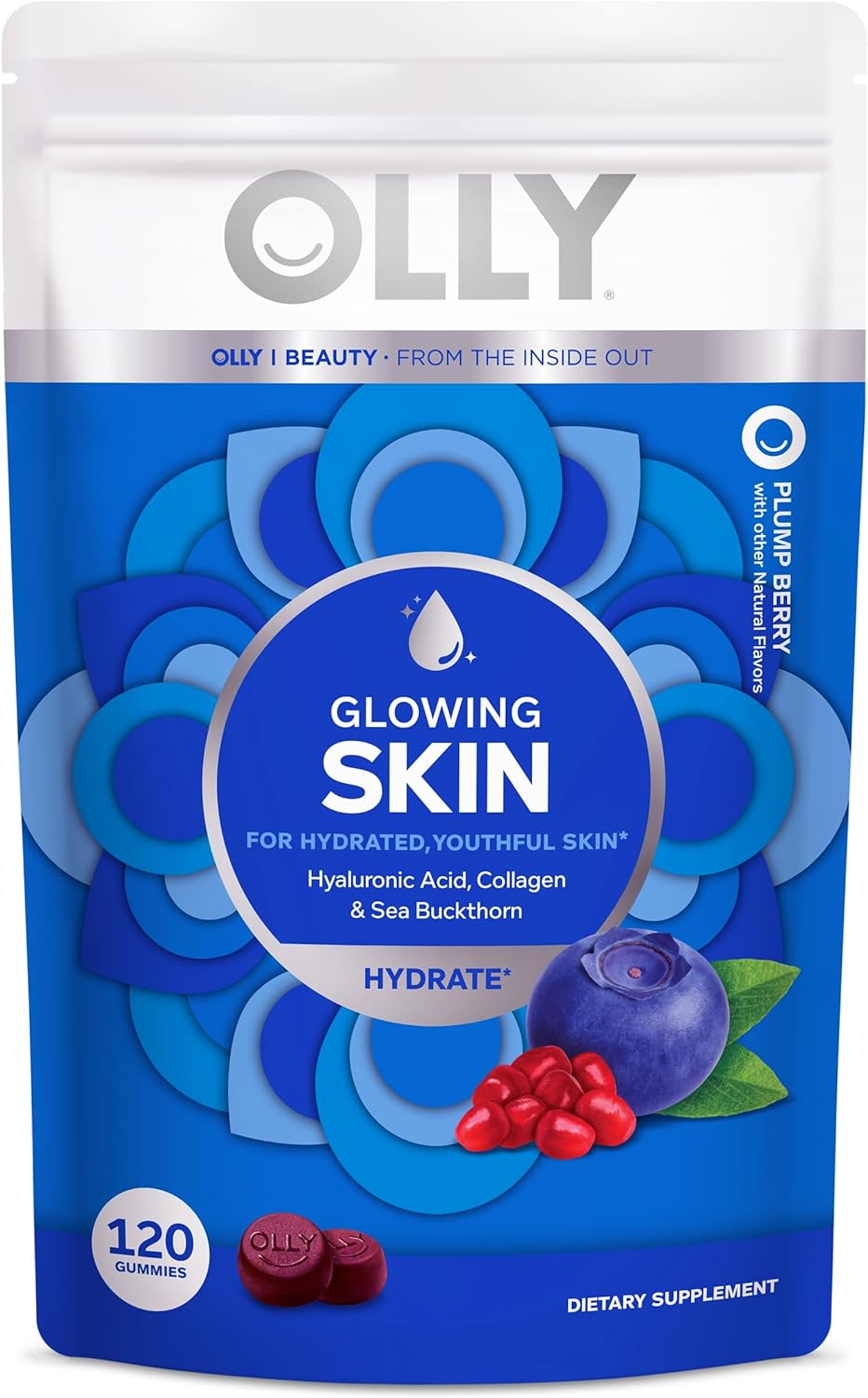 Olly Glowing Skin Collagen Gummy, Hydrated, Youthful Skin, Hyaluronic Acid, Sea Buckthorn, Chewable Supplement, Berry, 60 Day Supply - 120 Count Pouch