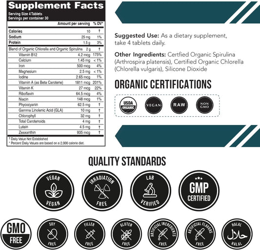 Organic Spirulina & Chlorella Tablets ? 4 Organic Certifications, Raw, Non-Irradiated ? 50/50 Blue Green Algae Blend ? Antioxidant Content Equal to 5 Servings of Vegetables (120 Tablets)