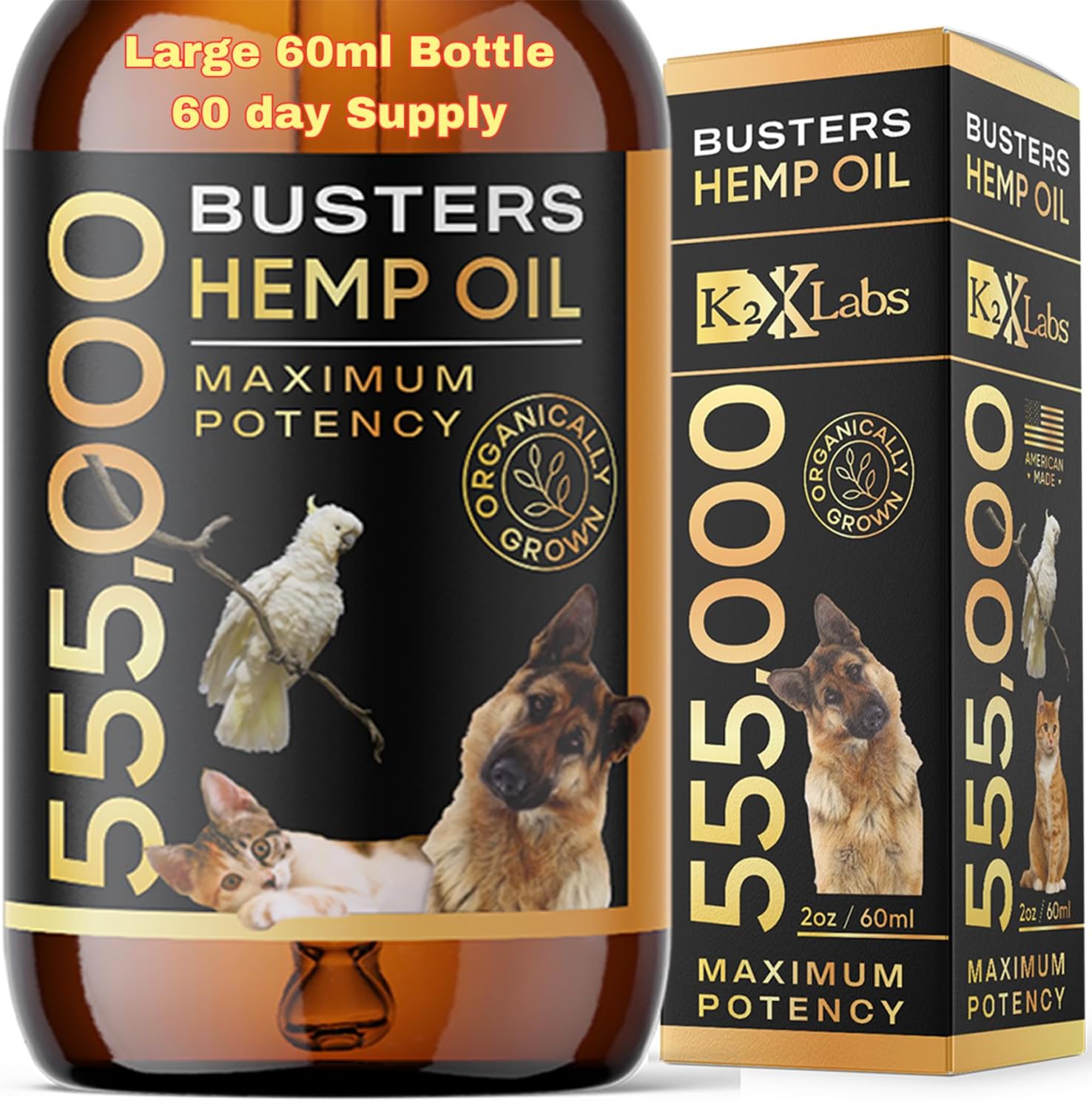Buster's Large 60ml Bottle, 2mth Supply, Organic Hemp Oil for Dogs and Pets, 555,000 Max Potency, Made in USA - Miracle Formula, Perfectly Balanced Omega 3, 6, 9 - Joint Relief, Calming