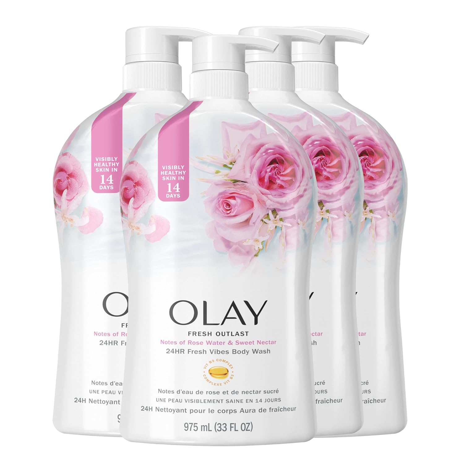 Olay Fresh Outlast Rose Water & Sweet Nectar Scent Body Wash For Women 33 Fl Oz (Pack Of 4)