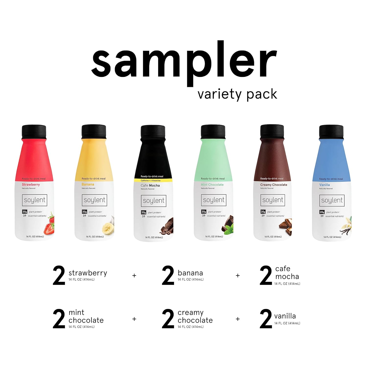 Soylent Meal Replacement Shake, Sampler Pack, Contains 20G Complete Vegan Protein, Ready-To-Drink, 14Oz, 12 Pack