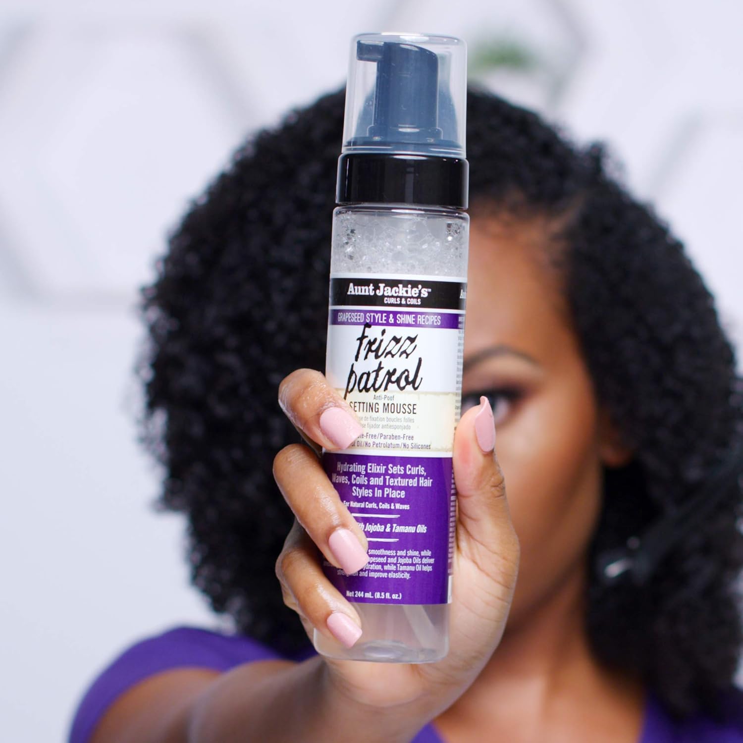 Aunt Jackie'S Grapeseed Style And Shine Recipes Frizz Patrol Anti-Poof Setting Hair Mousse, Sets Curly Hair Styles In Place,Purple Fl.Oz 8.5 Ounce : Beauty & Personal Care