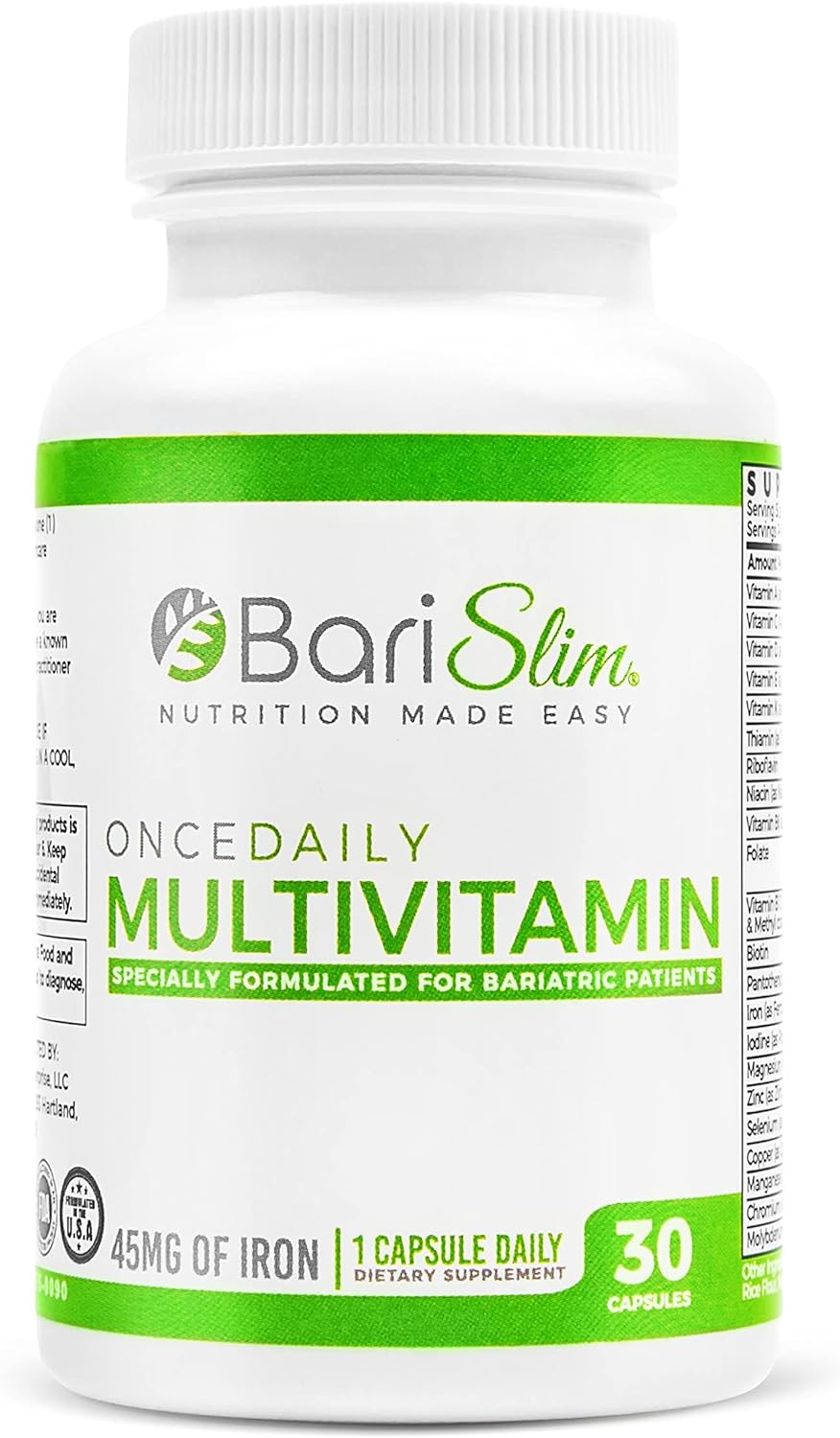 Once Daily Bariatric Multivitamin Capsule - 45mg of Iron - Bariatric Vitamin & Supplement for Post Bariatric Surgery Including Gastric Bypass & Gastric Sleeve | 30-Day Supply
