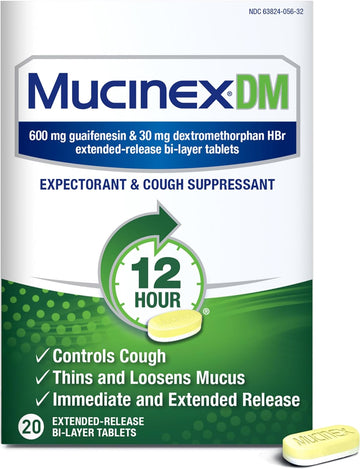 Mucinex Dm 12Hr Chest Congestion & Cough Medicine For Adults, Cold And Cough Medicine For Excess Mucus Relief, 600 Mg Guaifenesin & 30 Mg Dextromethorphan Hbr, 20 Bi-Layer Tablets