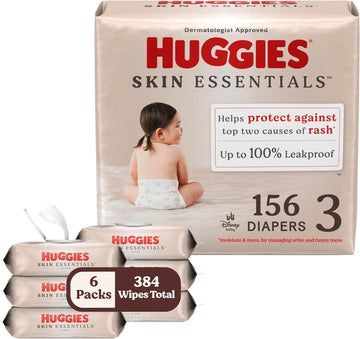 Bundle Of Huggies Size 3 Diapers, Skin Essentials Baby Diapers, Size 3 (16-28 Lbs), 156 Count (3 Packs Of 62) + Huggies Skin Essentials Baby Wipes, 99% Water, 6 Flip Top Packs (336 Wipes Total)