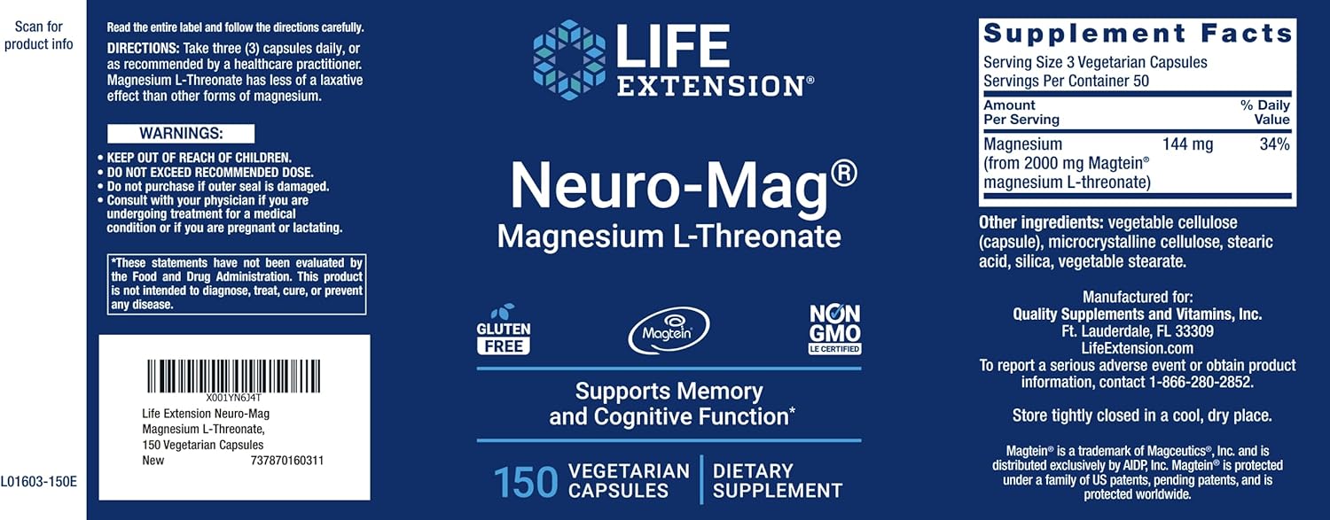 Life Extension Neuro-Mag Magnesium L-Threonate, 150 Veg Caps, Magtein Supplement for Women and Men