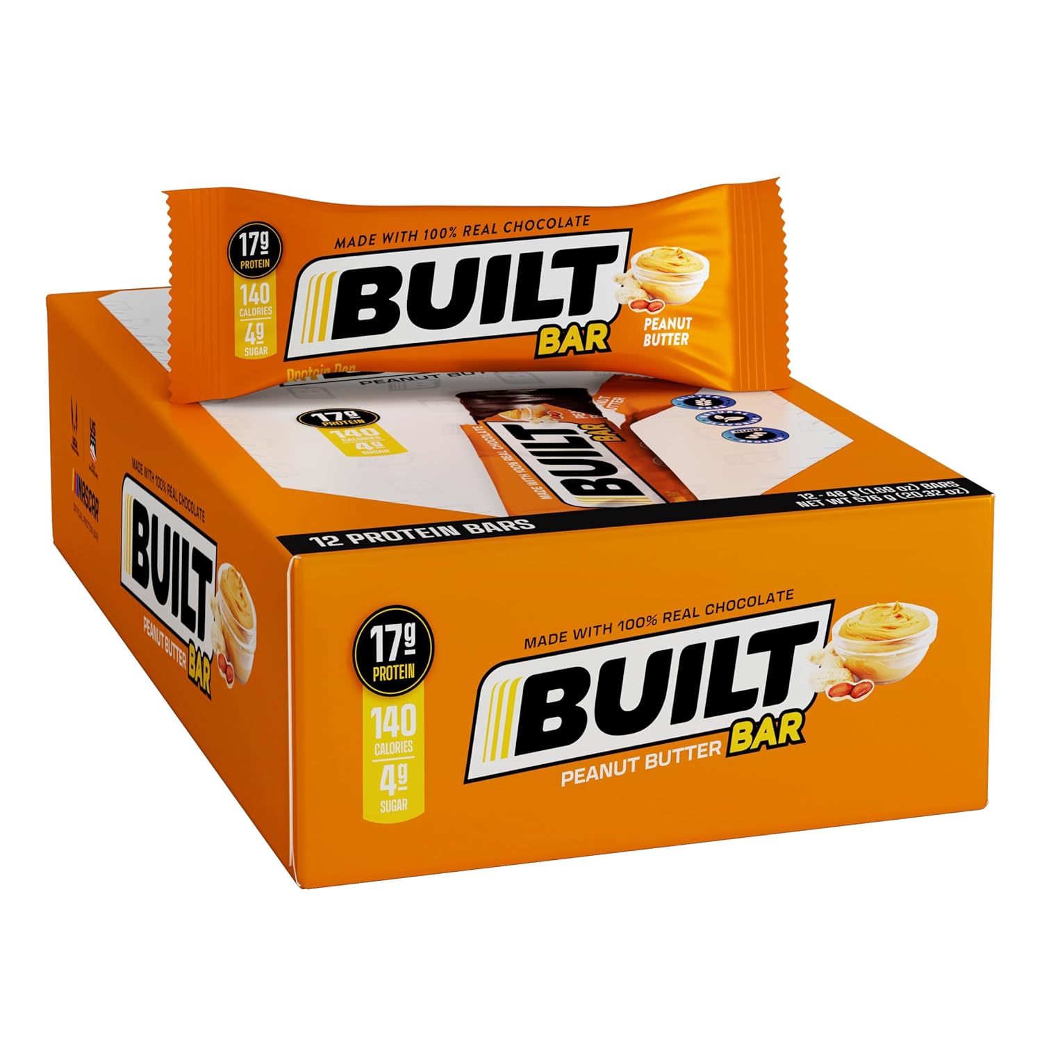 Built Protein Bars, Peanut Butter, 12 Count, 1.73Oz Bars, Gluten Free Protein Snacks With 17G Of High Protein. Chocolate Protein Bar Only 130 Calories & 4G Sugar, Great On The Go Protein Snack