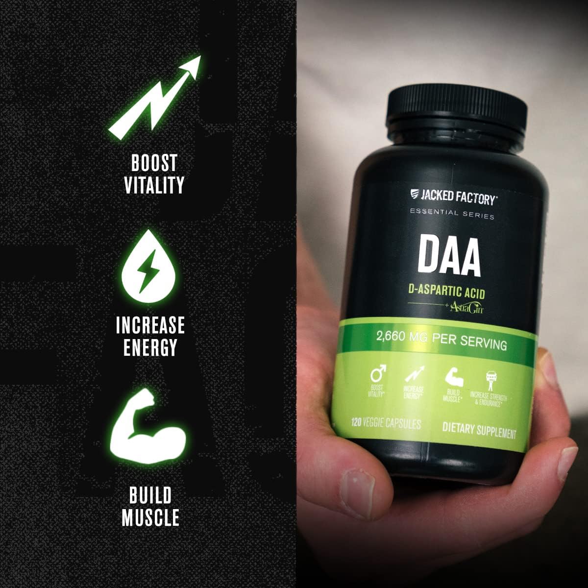 Jacked Factory DAA D Aspartic Acid Supplement - Fortified with Astragin for Enhanced Absorption, Zero Artificial Fillers - 120 Veggie Capsule Pills : Health & Household