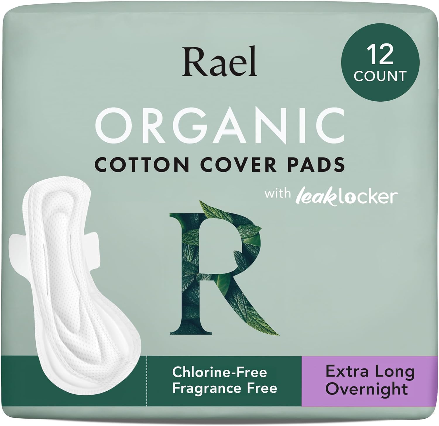 Rael Pads for Women, Organic Cotton Cover - Period Pads with Wings, Feminine Care, Sanitary Napkins, Heavy Absorbency, Unscented, Ultra Thin (Extra Long Overnight, 12 Count)