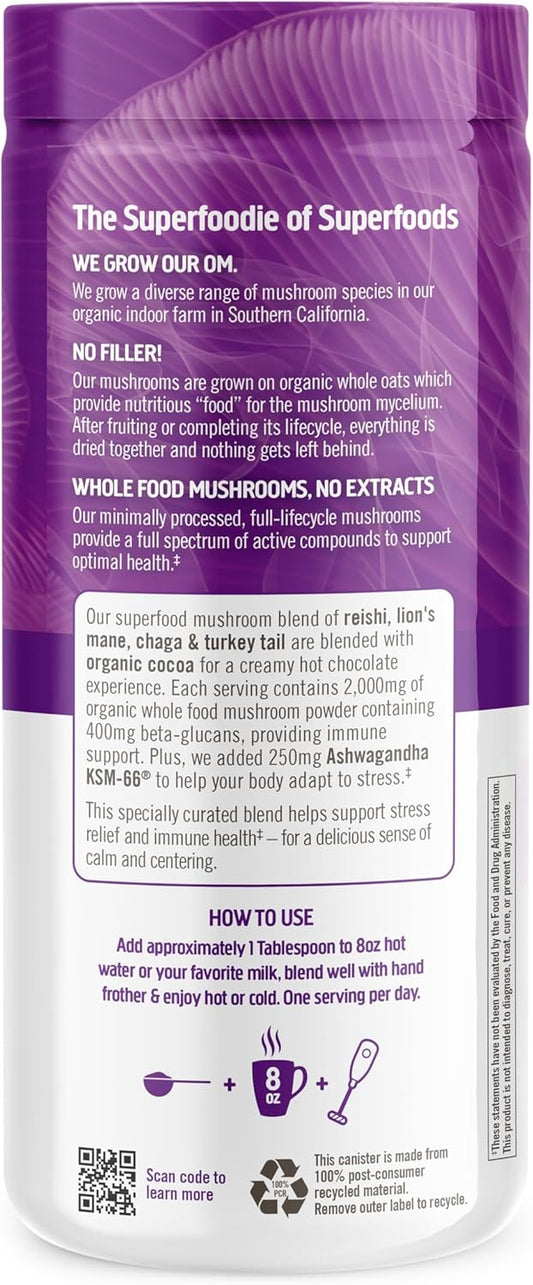 Om Mushroom Superfood Hot Chocolate Blend Mushroom Powder, 8.47 Ounce Canister, 30 Servings, Dutch Cocoa, 2G Of Sugar, 25 Calories, Lion'S Mane, Reishi, Chaga, Turkey Tail, Focus And Stress Support