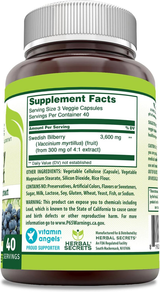 Herbal Secrets Bilberry Extract 3600 Mg Per Serving | 4:1 Extract | Veggie Capsules Supplement | Non-Gmo | Gluten Free (120)