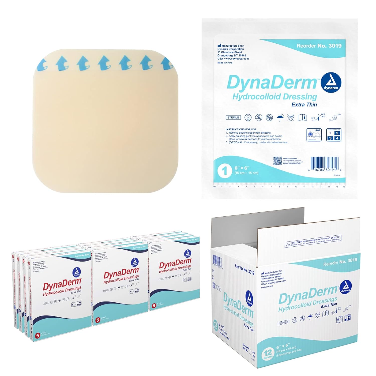 Dynarex Dynaderm Hydrocolloid Dressings, Sterile Moist Bandages Used For All Kinds Of Wounds, 6" X 6," Extra Thin & Latex-Free, Ships In Peel-Down Patches, 1 Case - 12 Boxes Of 5 Dressings