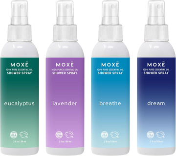 MOXE Aromatherapy Shower Mist Variety Pack, Eucalyptus, Lavender, Breathe and Dream, Spa Steam Spray, Natural 100% Essential Oils, Made in USA, Aromatherapy, Sinus Congestion Relief, 4 Pack (8oz) : Health & Household