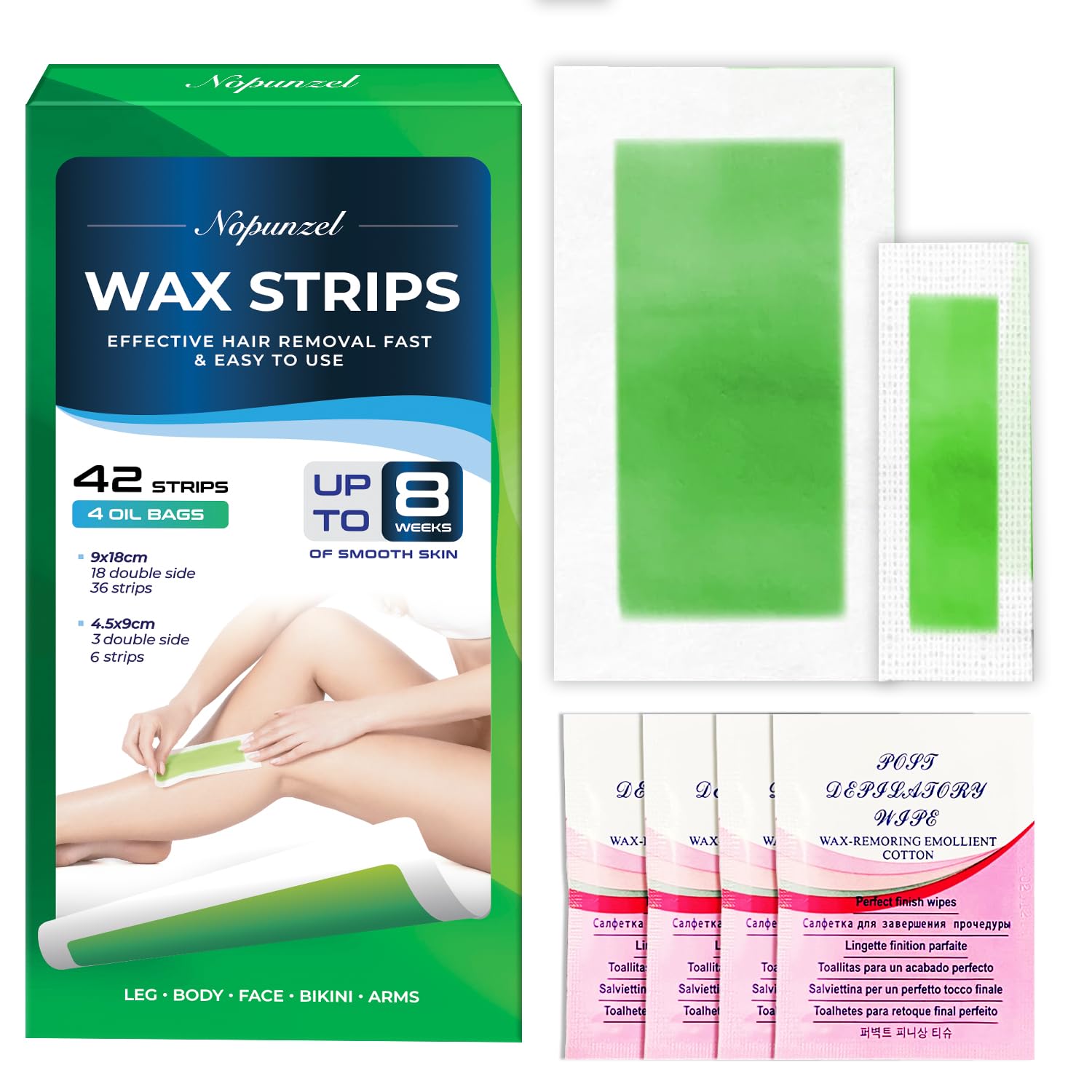 Wax Strips - Hair Removal Wax Strips For Body Arms Legs Chest Back - Bikini Wax Strips - Brazilian Waxing - Waxing Kit For Women Men - 42 Strips (2 Sizes)