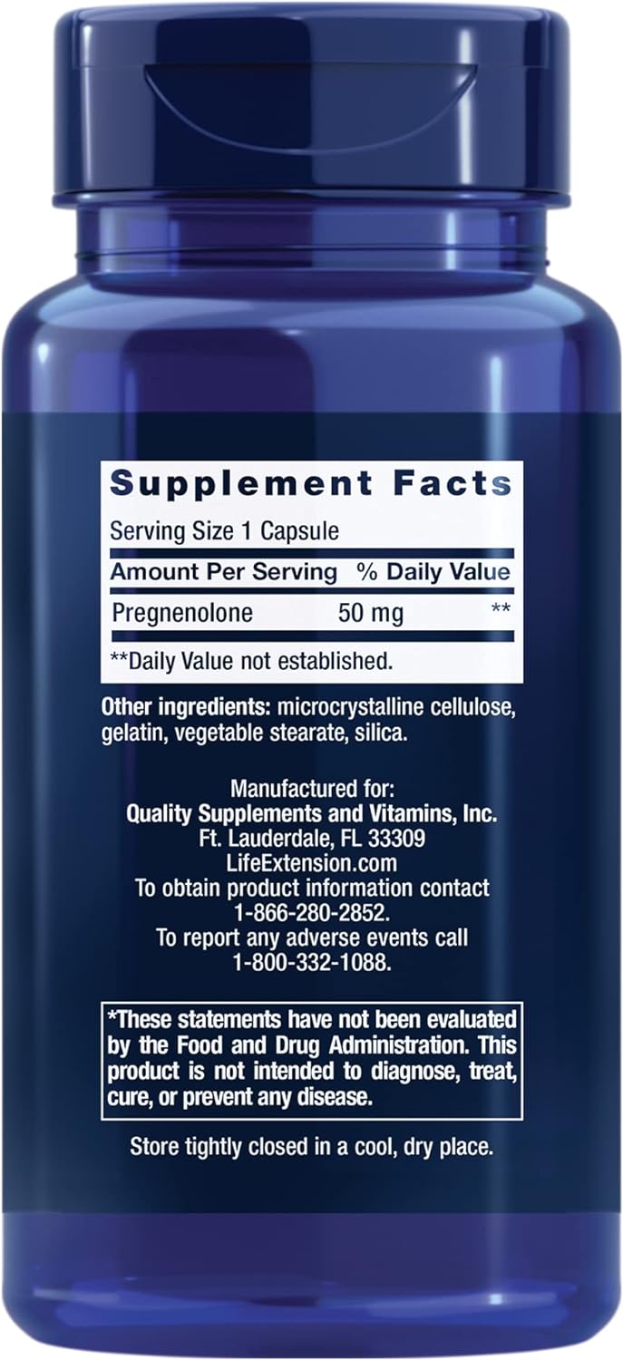 Life Extension Pregnenolone 50mg - For Hormone Balance, Anti-Aging & Longevity - Memory & Cognition Supplement – Non-GMO, Gluten-Free - 100 Capsules