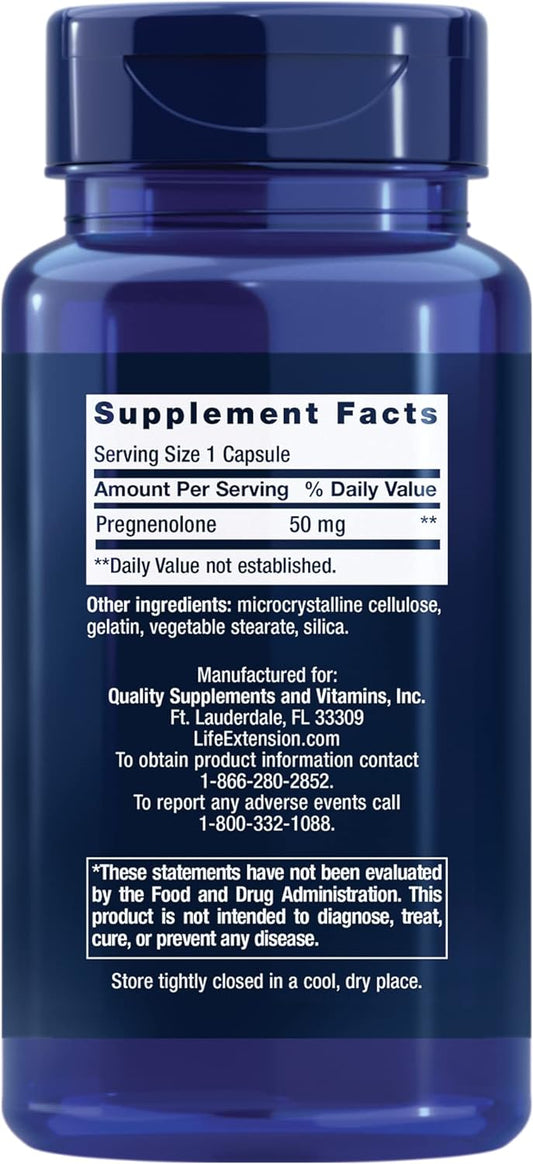 Life Extension Pregnenolone 50mg - For Hormone Balance, Anti-Aging & Longevity - Memory & Cognition Supplement – Non-GMO, Gluten-Free - 100 Capsules