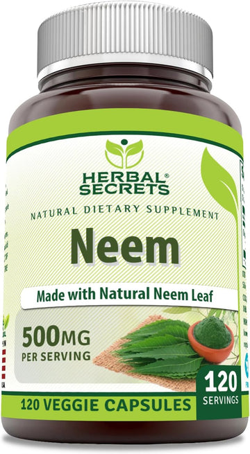 Herbal Secrets Neem Supplement | 500 Mg Per Serving | 120 Veggie Capsules | Non-Gmo | Gluten Free | Made In Usa