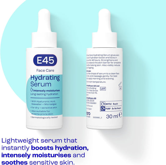 E45 Face Hydrating Serum - Instant 48-Hour Hyaluronic Acid Formula For Dry, Sensitive & Eczema Prone Skin - Rehydrating & Reinvigorating Serum – Perfume Free - Dermatologically Tested - 30Ml