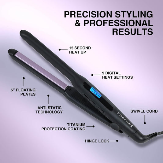 Remington 1/2" Flat Iron, Hair Straightener With Anti-Static Technology, 15-Second Heat Up & 60 Minute Auto Shut Off, 30% Longer Ceramic Floating Plates, Titanium + Ceramic Coating