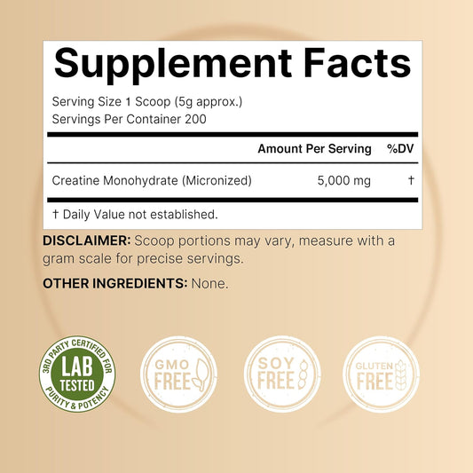 Creatine Monohydrate Powder 1000 Grams, 5000Mg Per Serving | Pure Unflavored Creatine Powder – Micronized – Pre Workout – Keto – Vegan – Dissolves Easy – Filler Free – 200 Servings (2.2Lbs)