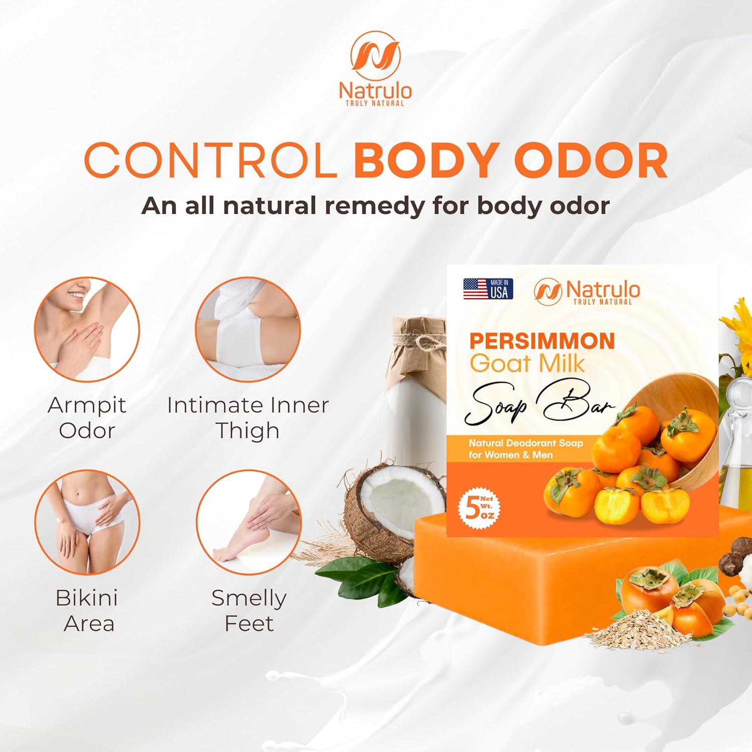 Persimmon Soap Bar For Body Odor Control – Purifying Deodorizing Body Wash With Goat Milk For Eliminating Body Odor – Great For Skin Brightening, Natural Deodorant Soap For Men & Women