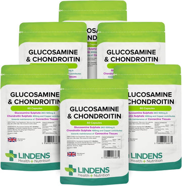 Lindens - Glucosamine & Chondroitin, 360 Capsules (60 X 6 Packs) - Uk Made - Glucosamine Sulphate 2Kcl 500Mg, Chondroitin 400Mg With Copper - Connective Tissue & Joint Support, Letterbox Friendly