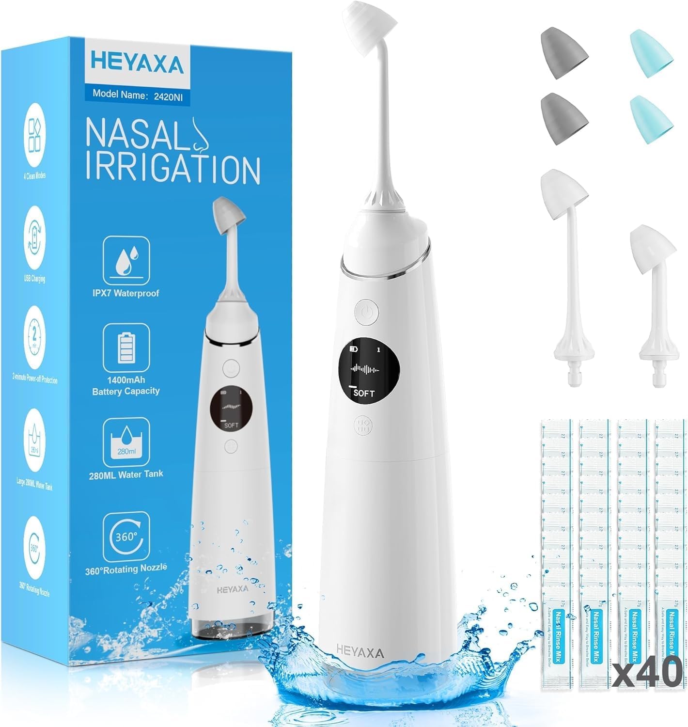 Nasal Irrigation System, Electric Sinus Cleaner Neti Pot Machine With 6 Tips,4 Modes For Sinus Rinse, Nasal Irrigator With 40 Nasal Saline Packets (1 Pack)