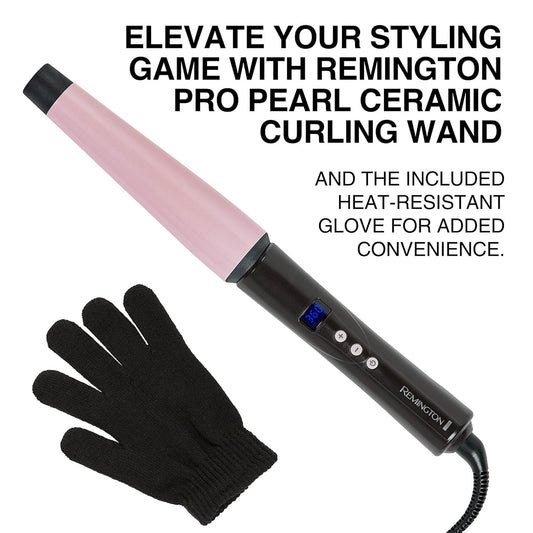 Remington Ci9538 Pro 1"-1.5" Pearl Ceramic Conical Curling Wand, Digital Controls + 10 Heat Settings, Black/Pink