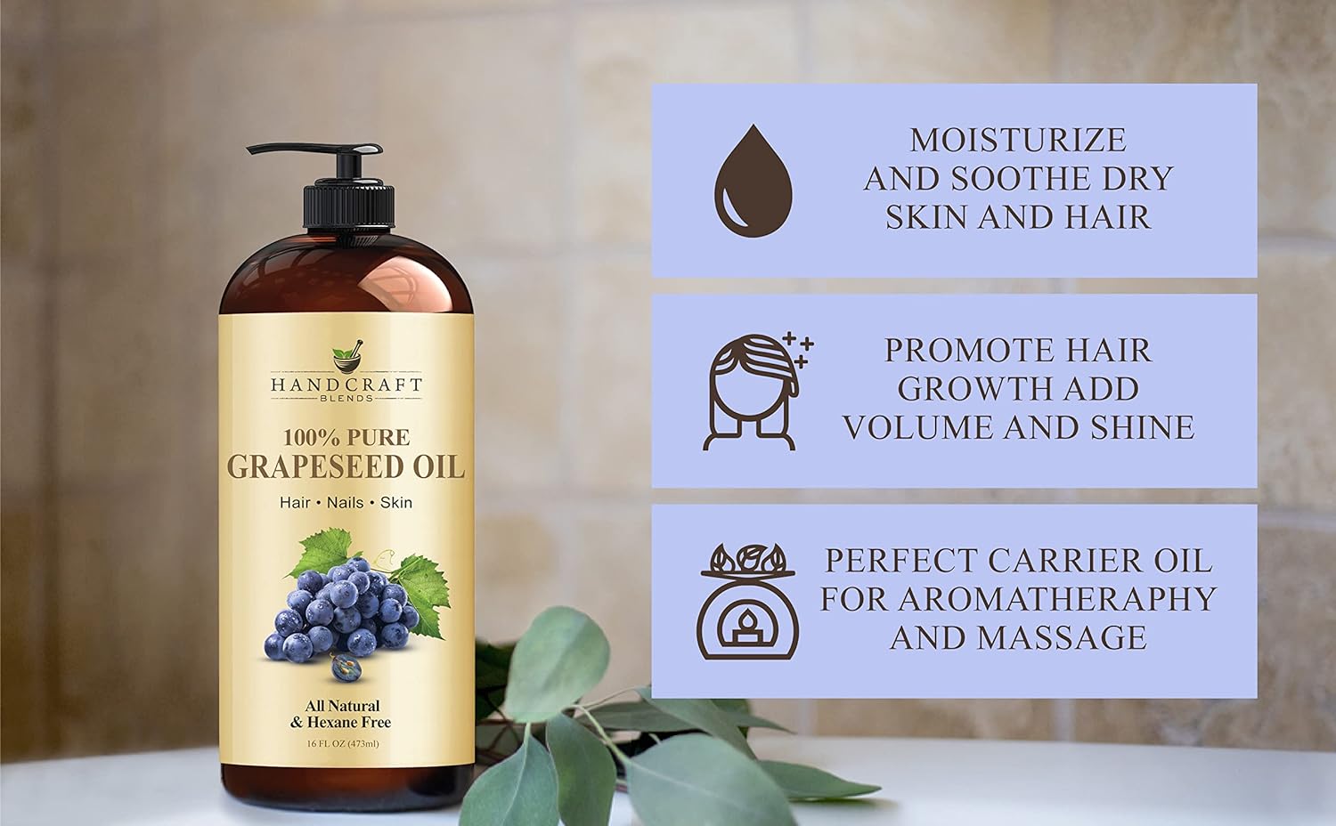 Handcraft Blends Grapeseed Oil - 16 Fl Oz - 100% Pure and Natural - Premium Grade Oil for Skin and Hair - Carrier Oil - Hair and Body Oil - Massage Oil - Cold-Pressed and Hexane-Free : Health & Household